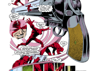 Daredevil #208, pg. 5; pencils, David Mazzucchelli; inks, Danny Bulanadi; Matt Murdock, handgun, radar sense