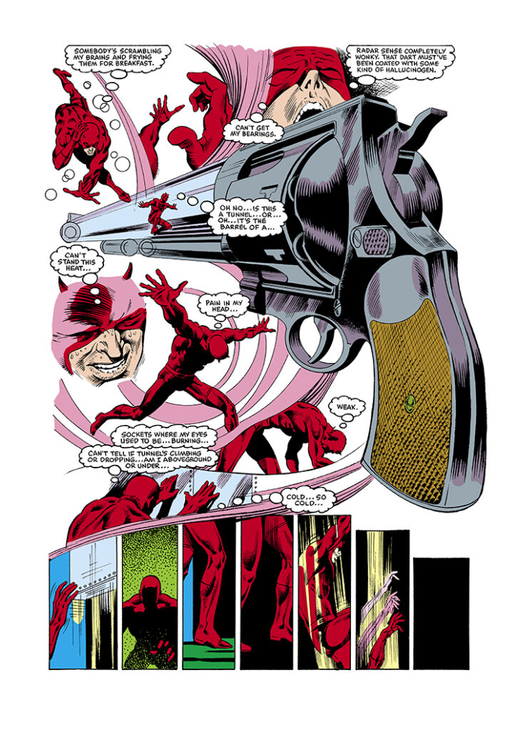 Daredevil #208, pg. 5; pencils, David Mazzucchelli; inks, Danny Bulanadi; Matt Murdock, handgun, radar sense