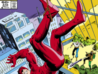 Daredevil #210 cover; pencils, Mike Zeck; inks, David Mazzucchelli; Matt Murdock, Micah Synn, Crossbow