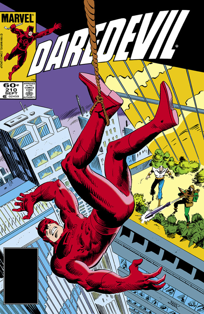 Daredevil #210 cover; pencils, Mike Zeck; inks, David Mazzucchelli; Matt Murdock, Micah Synn, Crossbow