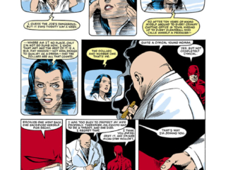 Daredevil #211, pg. 23; pencils, David Mazzucchelli; inks, Danny Bulanadi; Matt Murdock, Wilson Fisk, Kingpin, Becky Blake, Vanessa Fisk