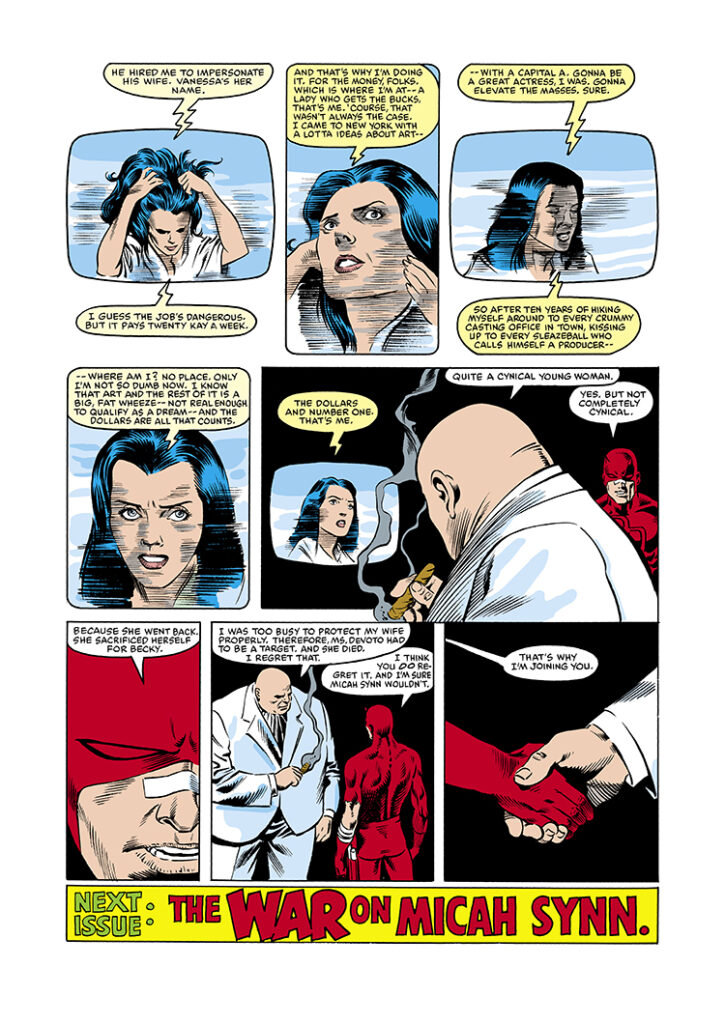 Daredevil #211, pg. 23; pencils, David Mazzucchelli; inks, Danny Bulanadi; Matt Murdock, Wilson Fisk, Kingpin, Becky Blake, Vanessa Fisk