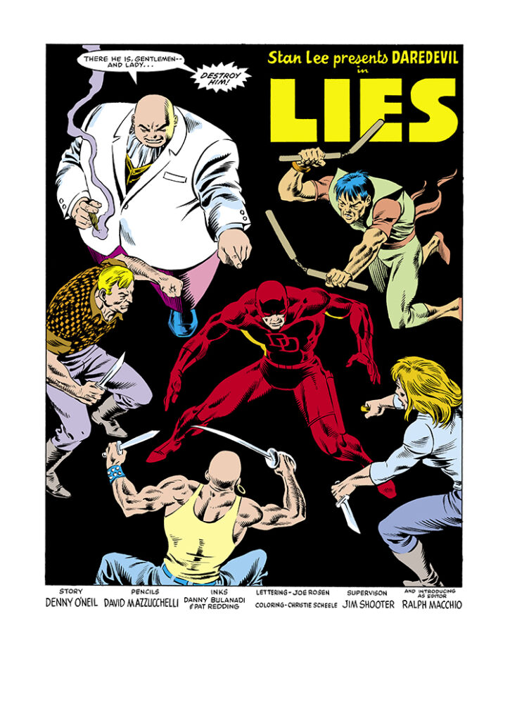 Daredevil #212, pg. 1; pencils, David Mazzucchelli; inks, Danny Bulanadi, Pat Redding; Matt Murdock, Stan Lee Presents, Lies, Denny O’Neil, writer, Ralph Macchio, editor