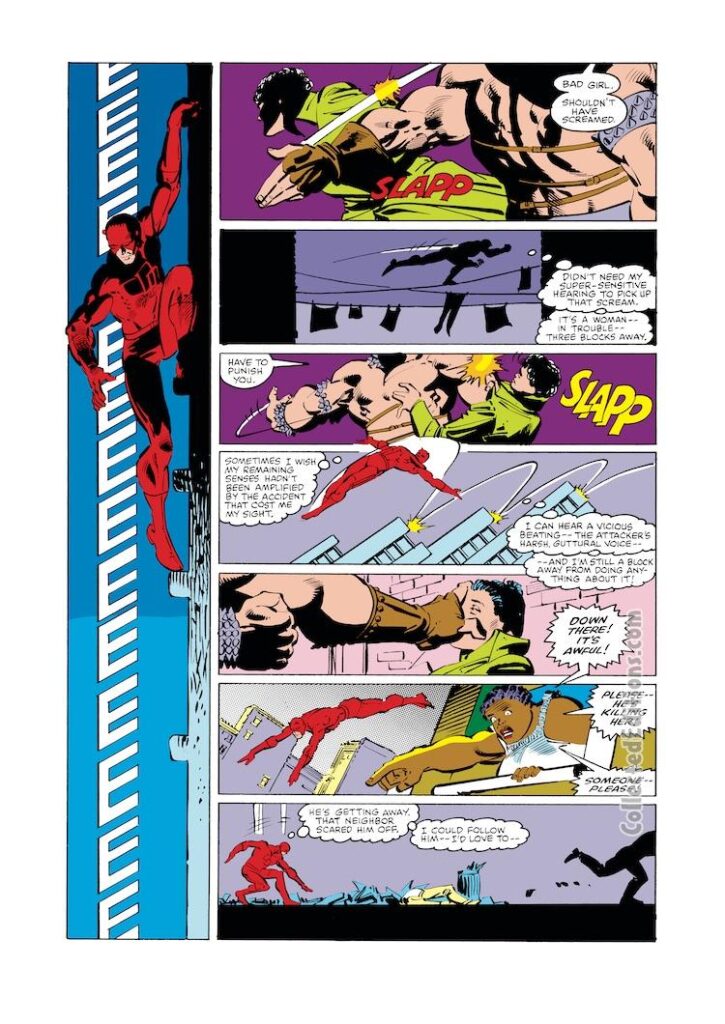 Daredevil #173, pg. 4; pencils, Frank Miller; inks, Klaus Janson; Matt Murdock, blind, radar sense, Gladiator/Melvin Potter, Michael Reese