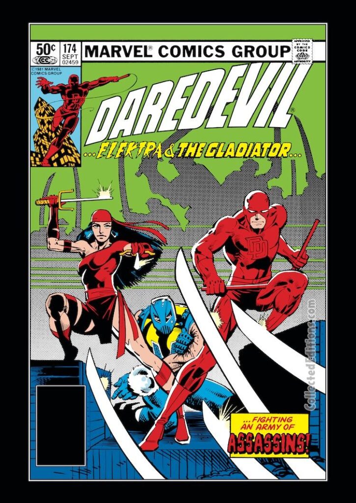 Daredevil #174 cover; pencils, Frank Miller; inks, Klaus Janson; Elektra, Gladiator, Army of Assassins, The Hand, ninjas