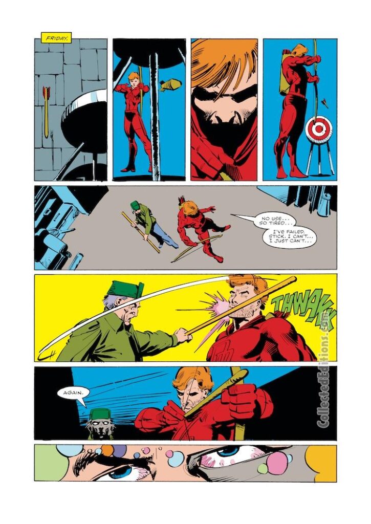 Daredevil #177, pg. 12; pencils, Frank Miller; inks, Klaus Janson; Matt Murdock, Stick, bow and arrow, radar sense