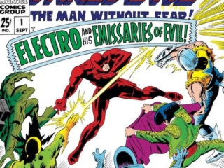 Daredevil Annual #1 cover; pencils, Gene Colan; inks, Frank Giacoia; Electro and His Emissaries of Evil, Gladiator, Matador, Stilt-Man, Leap-Frog