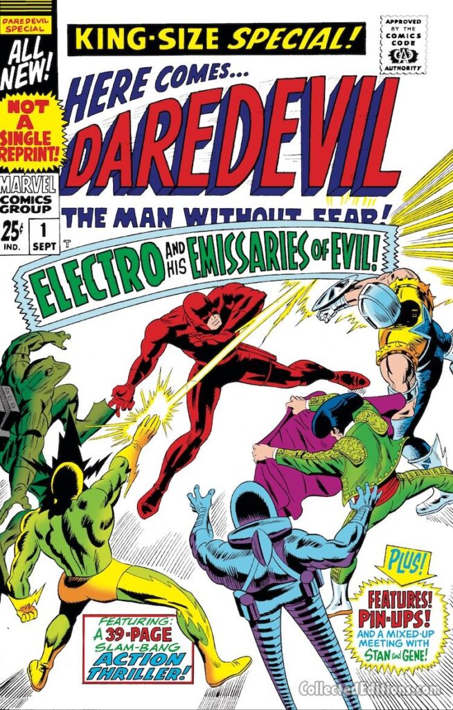 Daredevil Annual #1 cover; pencils, Gene Colan; inks, Frank Giacoia; Electro and His Emissaries of Evil, Gladiator, Matador, Stilt-Man, Leap-Frog