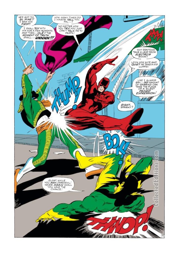 Daredevil Annual #1, pg. 7; pencils, Gene Colan; inks, John Tartaglione; the Matador, Electro, Emissaries of Evil, splash page