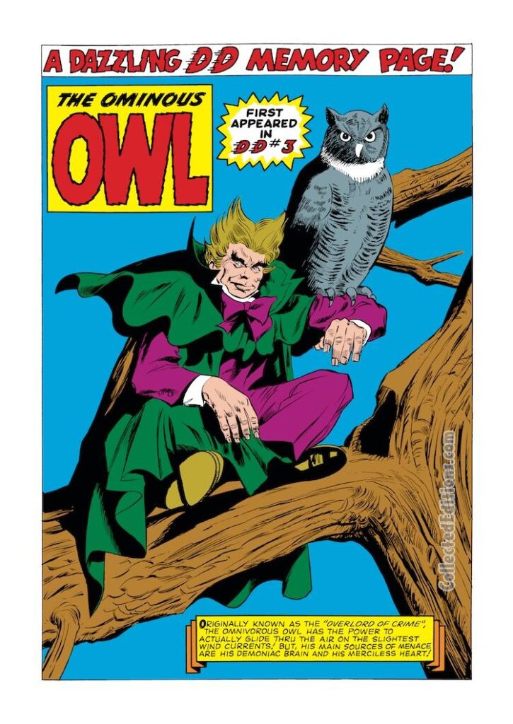 Daredevil Annual #1, pg. 50; pencils, Gene Colan; inks, John Tartaglione; The Ominous Owl pinup