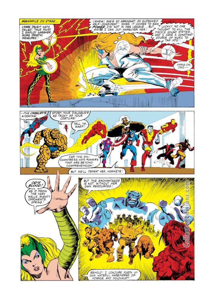 Dazzler #2, pg. 9; pencils, John Romita Jr.; inks, Alfredo Alcala; Enchantress, Uncanny X-Men, Thing, Spider-Man