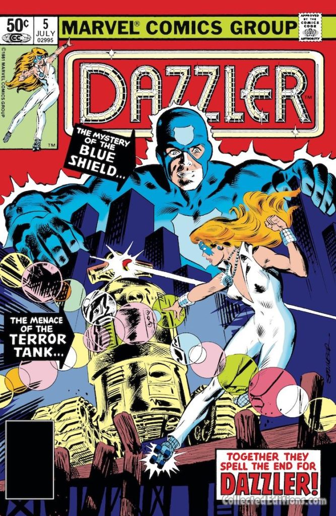 Dazzler #5 cover; pencils, Ed Hannigan; The Blue Shield/Terror Tank