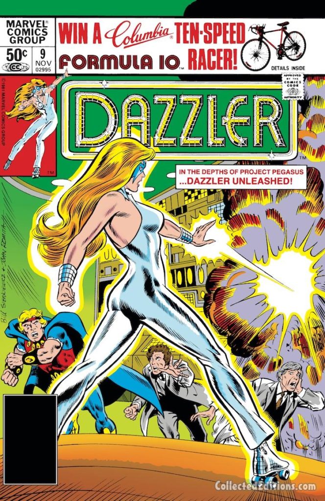Dazzler #9 cover; pencils, Bill Sienkiwicz; inks, John Romita, Sr.; Project Pegasus, Quasar