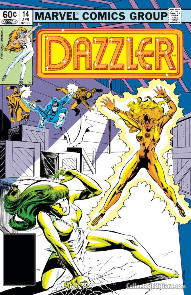 Dazzler #14 cover; pencils, Frank Springer; inks, Vince Colletta; She-Hulk, Blue Diamond