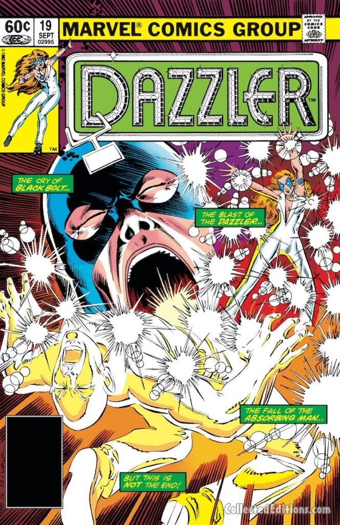 Dazzler #19 cover; pencils, John Romita Jr.; inks, Bob Wiacek; Black Bolt, Inhumans, Absorbing Man