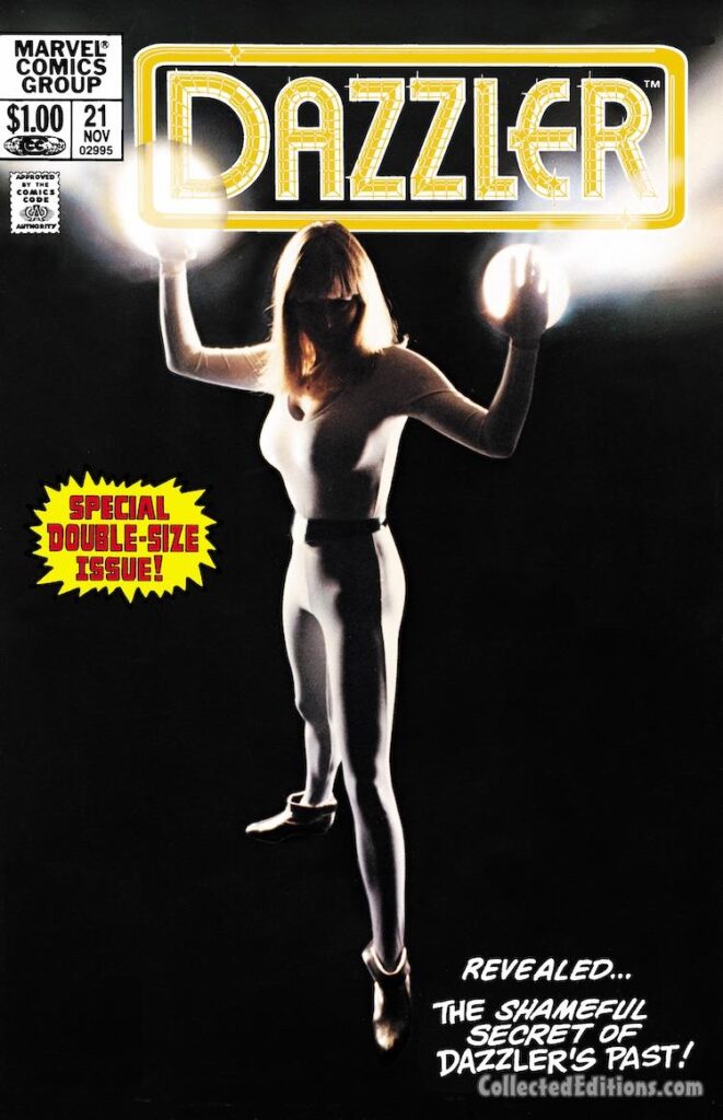 Dazzler #21 cover; photograph, credits unknown; cosplay, special double-size issue, shameful secret of Dazzler's past