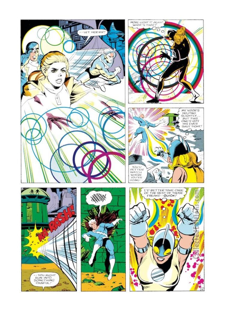 Dazzler #32, pg. 15; pencils, Mark D. Bright; inks, Vince Colletta; Quicksilver; Black Bolt; Moonstone/Karla Sofen/Inhumans