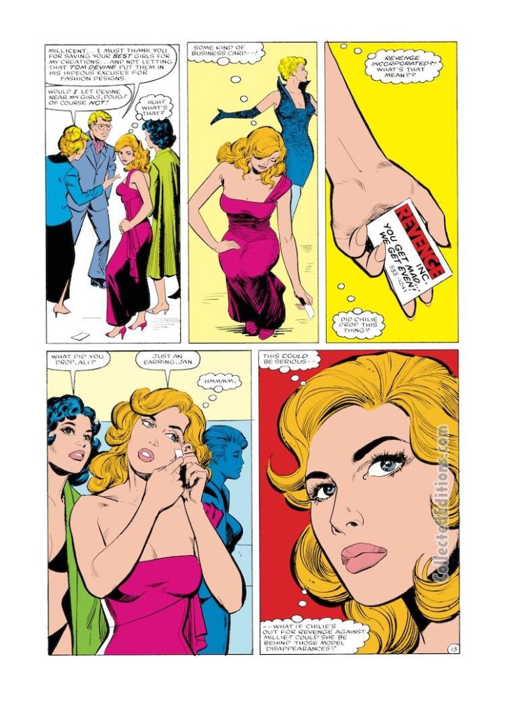 Dazzler #34, pg. 13; pencils, Geof Isherwood; inks, Vince Colletta; Millie the Model, Hanover Agency, Chili, Revenge Incorporated; Doug Scruggs, Janet McEntee, Millie Collins