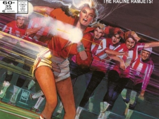 Dazzler #35 cover; pencils and inks, Bill Sienkiewicz; It&rsquo;s the shining superstar versus the Racine Ramjets, roller derby, disco