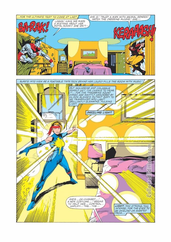 Dazzler #38, pg. 15; pencils, Paul Chadwick; inks, Butch Guice; Colossus, Wolverine, X-Men
