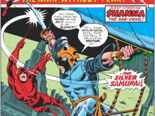 Daredevil #111 cover; pencils, Ron Wilson; inks, Frank Giacoia; The Silver Samurai/Shanna the She-Devil
