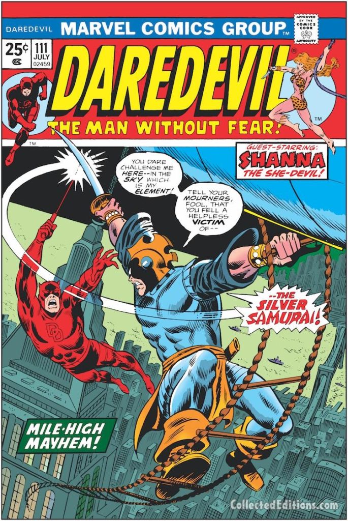 Daredevil #111 cover; pencils, Ron Wilson; inks, Frank Giacoia; The Silver Samurai/Shanna the She-Devil