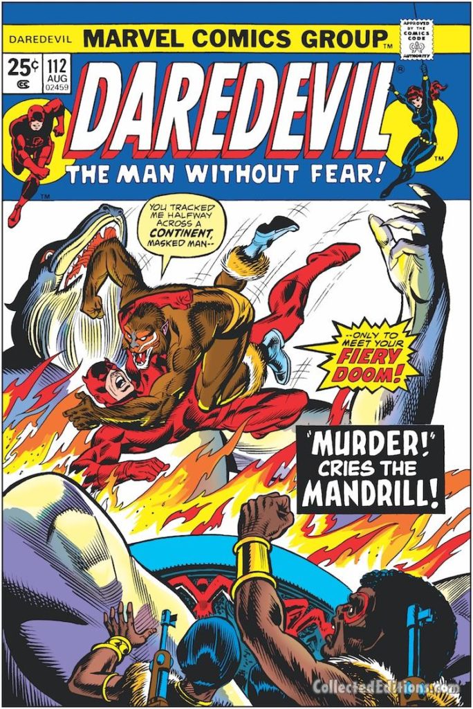 Daredevil #112 cover; pencils, Gil Kane; Murder Cries the Mandrill/Shanna the She-Devil