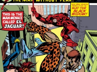 Daredevil #120 cover; pencils, Gil Kane; Black Widow/El Jaguar