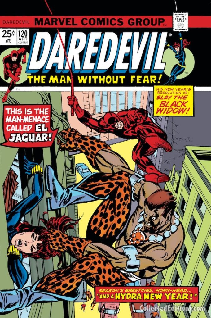 Daredevil #120 cover; pencils, Gil Kane; Black Widow/El Jaguar