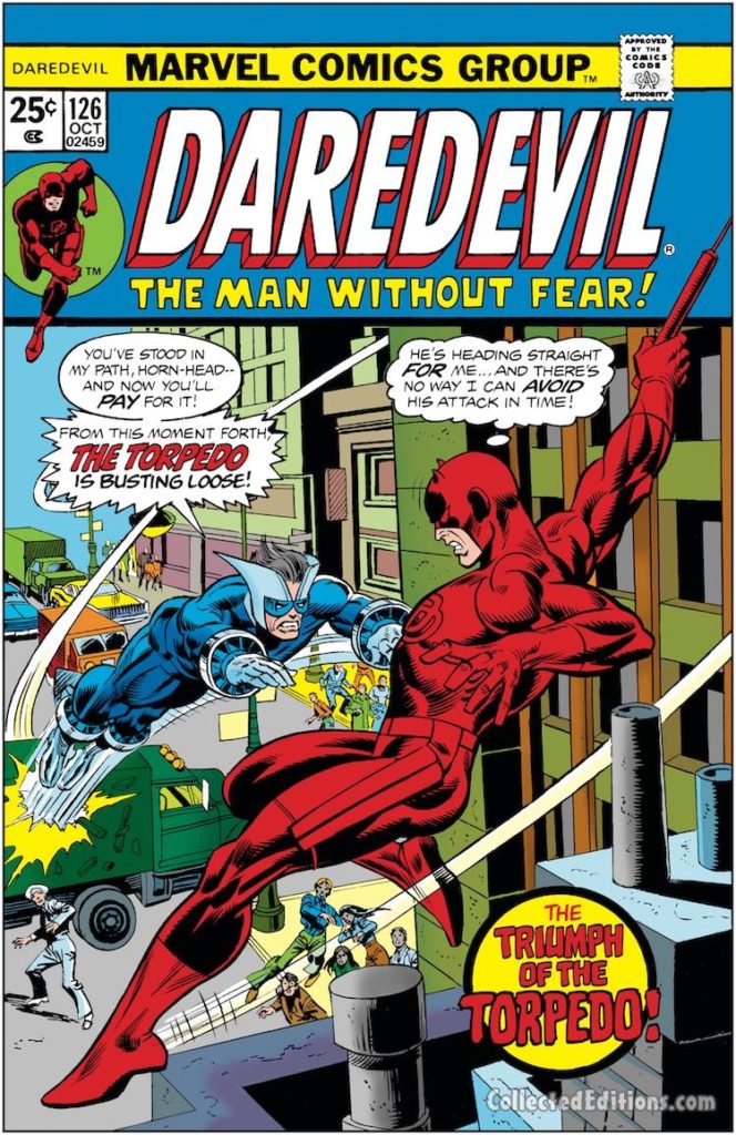 Daredevil #126 cover; pencils, Gil Kane; inks, Frank Giacoia; Torpedo, Black Widow