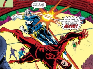 Daredevil #132 cover; pencils, Rich Buckler; inks, Dan Adkins; Bullseye