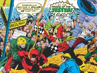 Daredevil #136 cover; layout, Ed Hannigan; pencils, John Buscema, The Jester