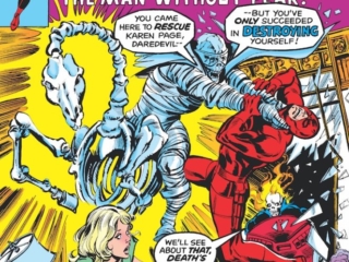 Daredevil #138 cover; pencils, Gene Colan; inks, Tom Palmer; Death's Head, Ghost Rider, Karen Page