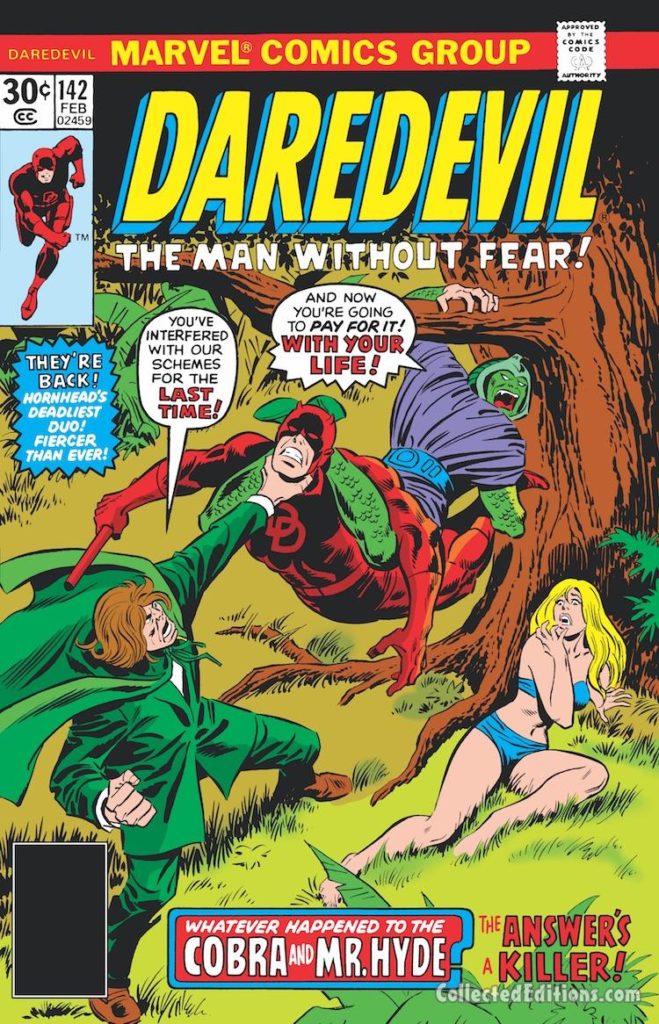 Daredevil #142 cover; pencils, John Buscema; inks, Frank Giacoia; Mr. Hyde/Cobra