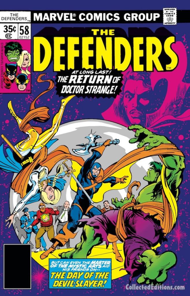 Defenders #58 cover; pencils, Ed Hannigan; inks, Klaus Janson; Devil-Slayer