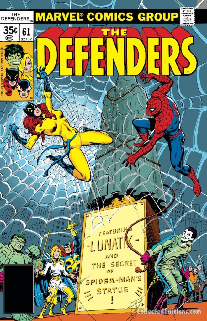 Defenders #61 cover; pencils, Ed Hannigan; inks, Ernie Chan; Hellcat/Spider-Man/Lunatik