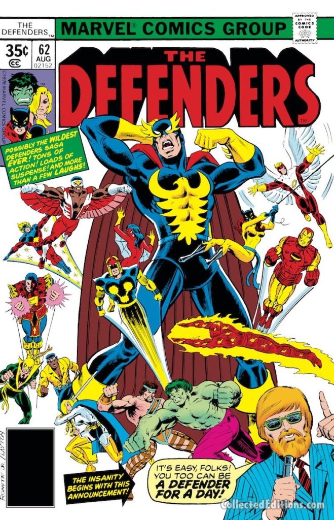 Defenders #62 cover; pencils, John Romita Jr.; inks, Bob Layton; Nighthawk/Archie Goodwin