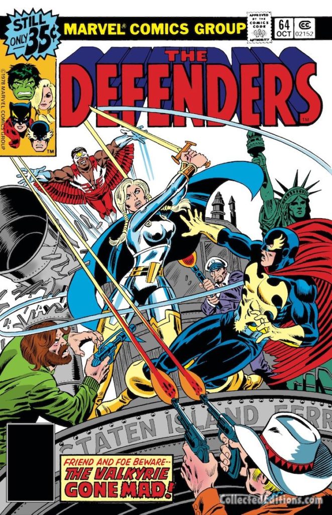 Defenders #64 cover; pencils, uncredited; inks, Frank Giacoia; Valkyrie/Falcon/Sam Wilson/Staten Island Ferry/Marvel