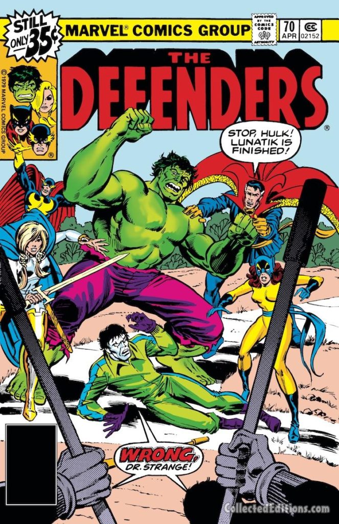 Defenders #70 cover; pencils, Herb Trimpe; inks, Joe Rubinstein; Lunatik