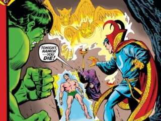 Defenders #1 cover; pencils, Sal Buscema; inks, Jim Mooney; Doctor Strange, Sub-Mariner, Necrodamus, Incredible Hulk