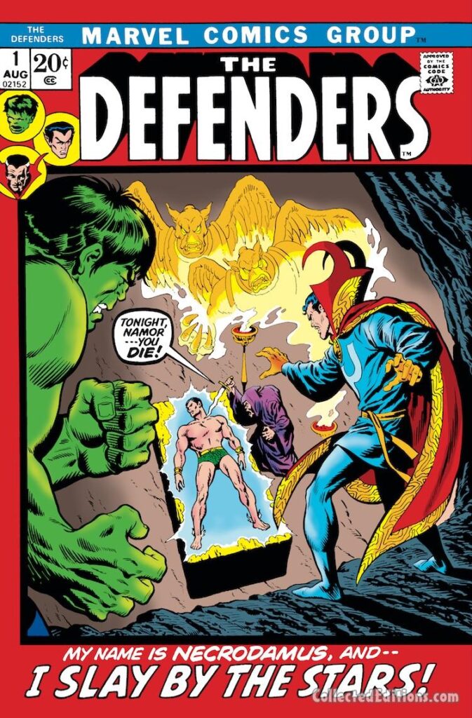 Defenders #1 cover; pencils, Sal Buscema; inks, Jim Mooney; Doctor Strange, Sub-Mariner, Necrodamus, Incredible Hulk