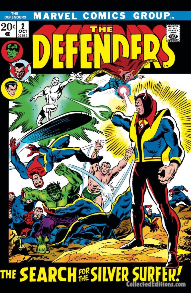 Defenders #2 cover; pencils, Sal Buscema; inks, Frank Giacoia; Silver Surfer, Hulk, Doctor Strange, Sub-Mariner, Calizuma