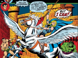 Defenders #4 cover; layouts, Jim Starlin; pencils, John Buscema; inks, Frank Giacoia; Valkyrie, Roy Thomas