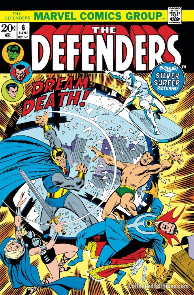 Defenders #6 cover; pencils and inks, Sal Buscema; Cyrus Black, Doctor Strange, Sub-Mariner, Valkyrie