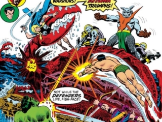 Defenders #7 cover; pencils, John Romita Sr.; War Beneath the Waves, Attuma, Atlantis, Namor the Sub-Mariner, Hulk, Hawkeye
