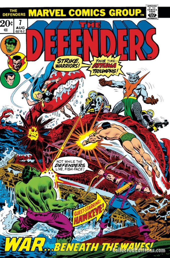 Defenders #7 cover; pencils, John Romita Sr.; War Beneath the Waves, Attuma, Atlantis, Namor the Sub-Mariner, Hulk, Hawkeye