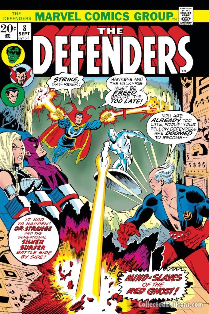 Defenders #8 cover; pencils and inks, Sal Buscema; Red Ghost, Silver Surfer, Doctor Strange, Valkyrie, Hawkeye