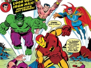 Defenders #9 cover; pencils and inks, Sal Buscema; Avengers/Defenders War, Iron Man vs. Hawkeye, Doctor Strange, Hulk, Sub-Mariner