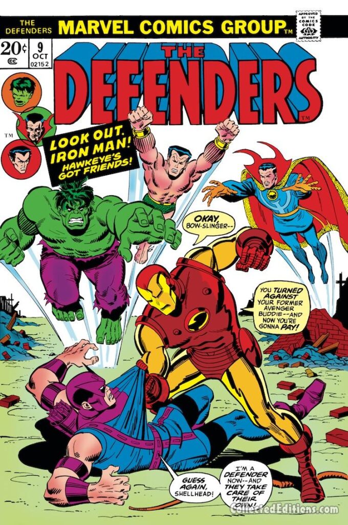 Defenders #9 cover; pencils and inks, Sal Buscema; Avengers/Defenders War, Iron Man vs. Hawkeye, Doctor Strange, Hulk, Sub-Mariner