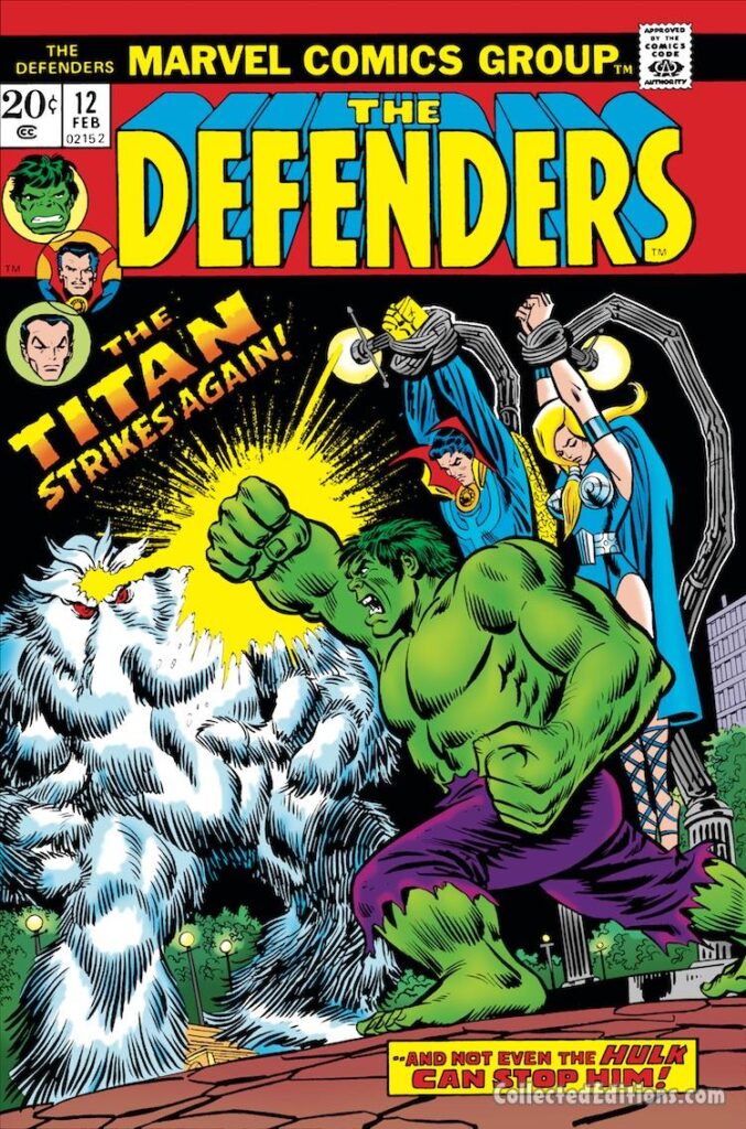 Defenders #12 cover; pencils and inks, John Romita Sr.; Xemnu the Titan, Doctor Strange, The Hulk, Valkyrie
